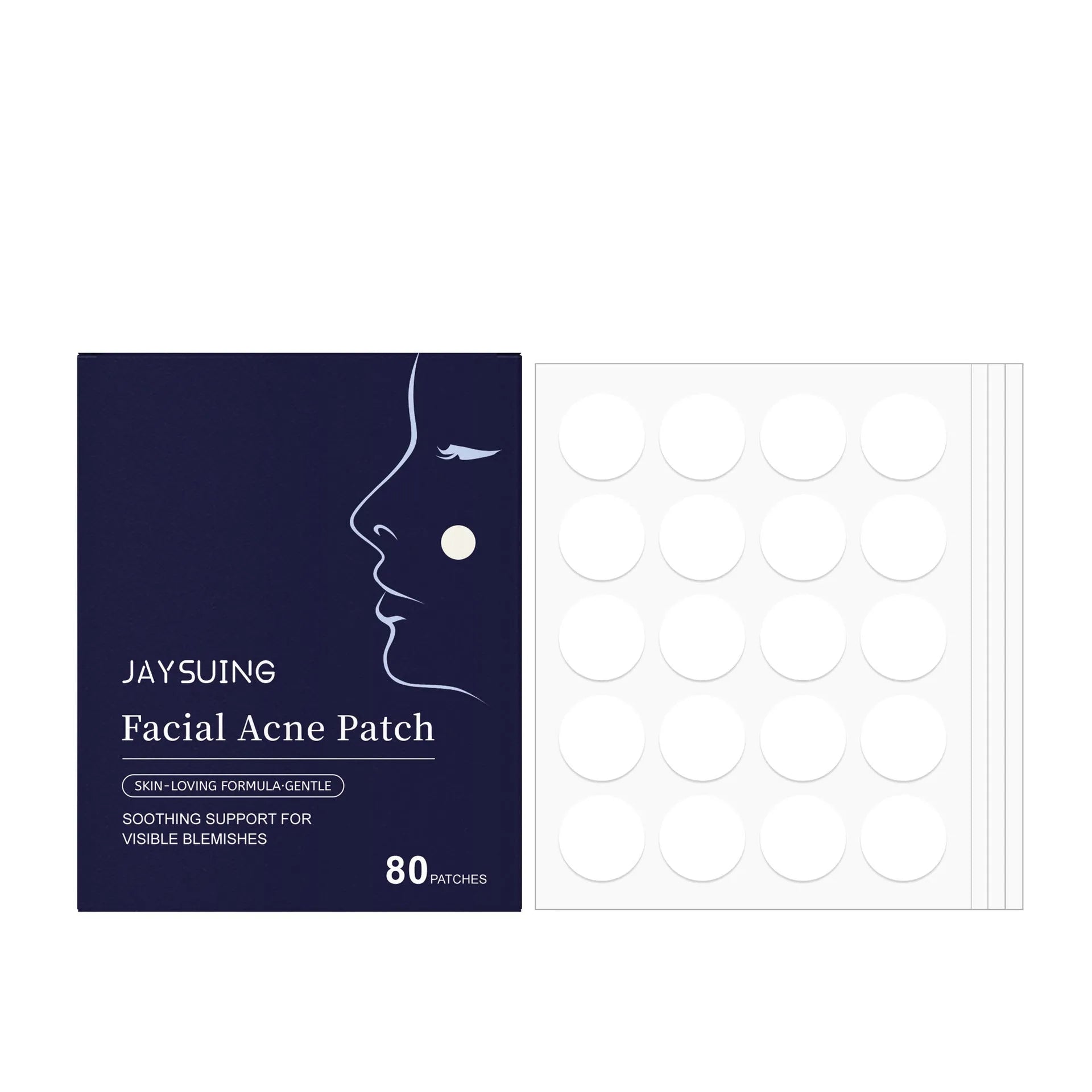 Sheet of 80 round, translucent hydrocolloid acne patches on a clear backing.