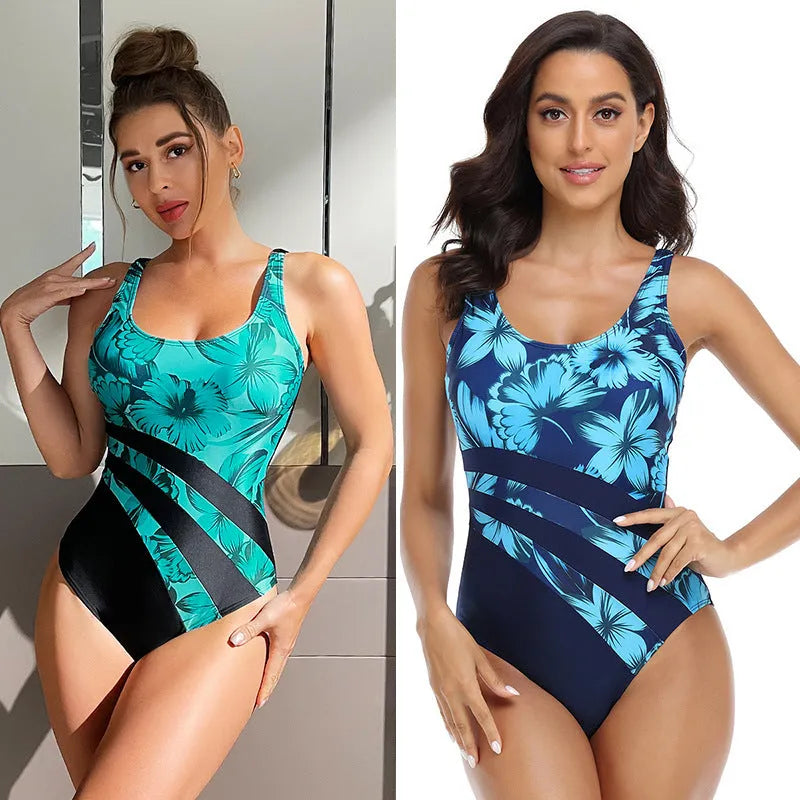 Women's green conservative brief one-piece swimsuit with printed pattern