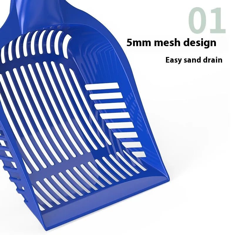 Red, yellow, and blue plastic cat litter scoops in small and medium sizes on a white background.
