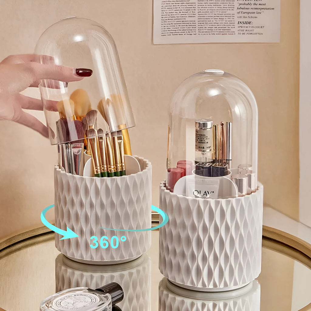 Transparent acrylic makeup brush storage box with rotating base and dustproof lid
