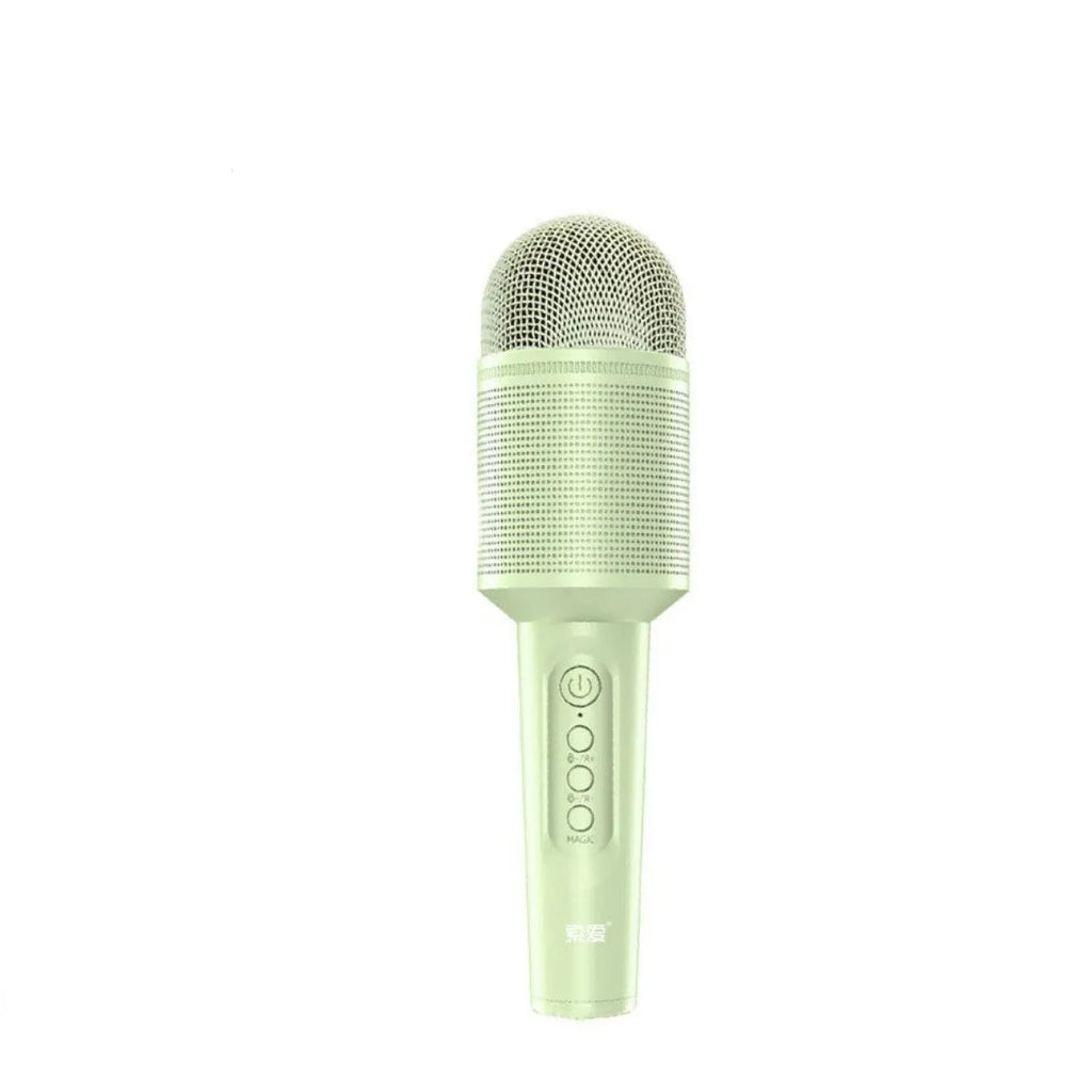 Wireless Bluetooth karaoke microphone in pink, blue, or green colour with USB port