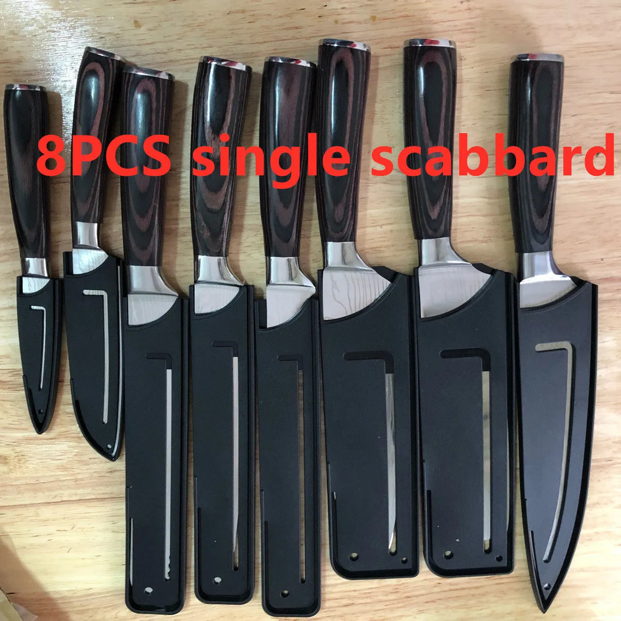 Chef knife with laser Damascus pattern on 7CR17 steel blade and colour steel handle.