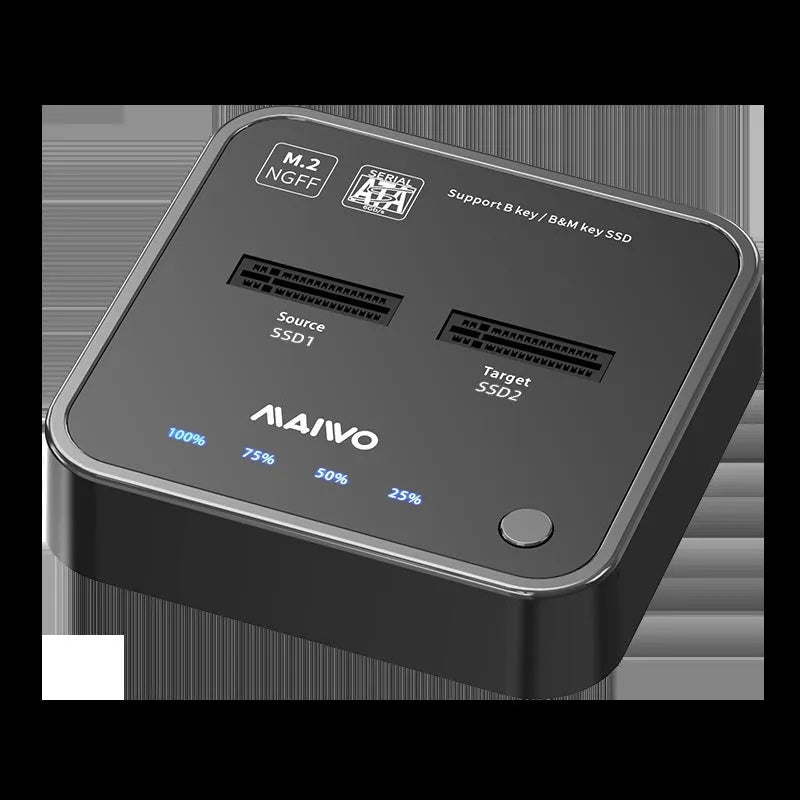 MAIWO K3016 M.2 SSD hard disk docking station with data cables and power adapter on a table.