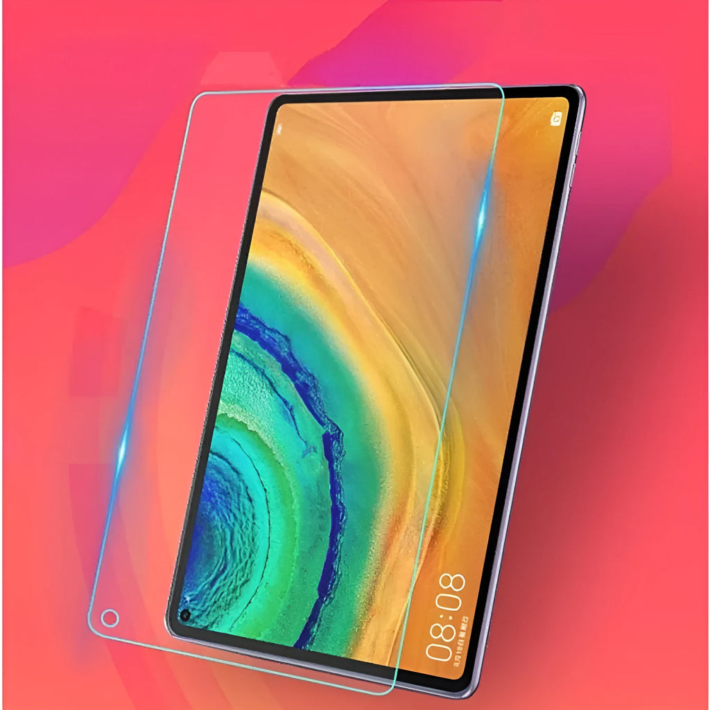 Huawei MatePad tablet with tempered glass screen protector showing clear transparent fit