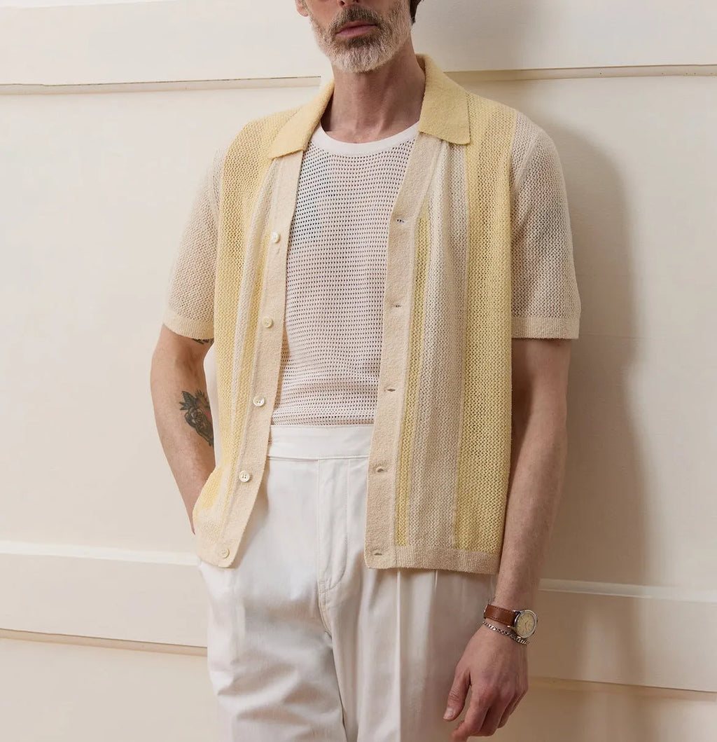 Yellow casual polo shirt with hollow-out design and asymmetric style in Tencel fabric