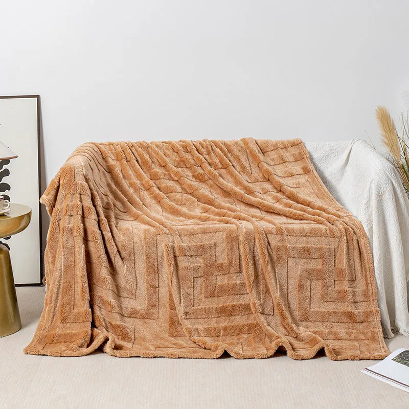 Thick coral fleece blanket in various sizes and colours including brown, white, blue, khaki, and green