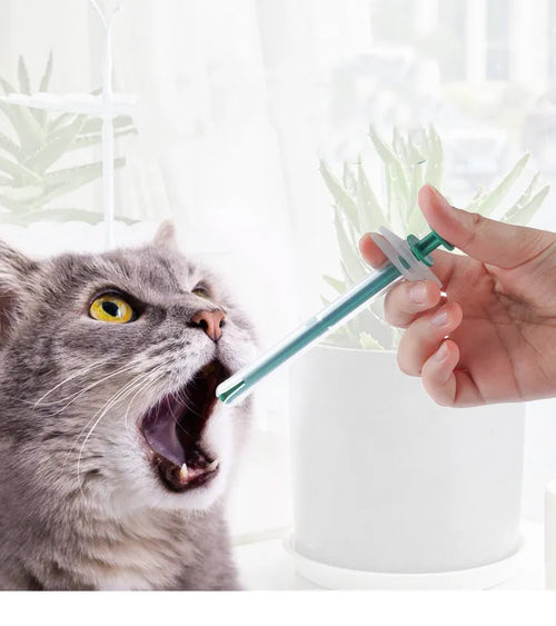 Two pack of soft tip silica gel pet pill shooters for cats and dogs showing plunger and barrel