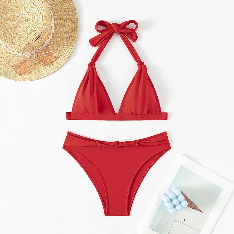 Red women's lace-up halterneck split bikini with adjustable ties