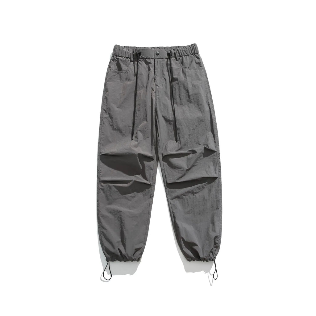 Men's casual straight-leg trousers in thin ice silk nylon fabric showing loose fit and colour options
