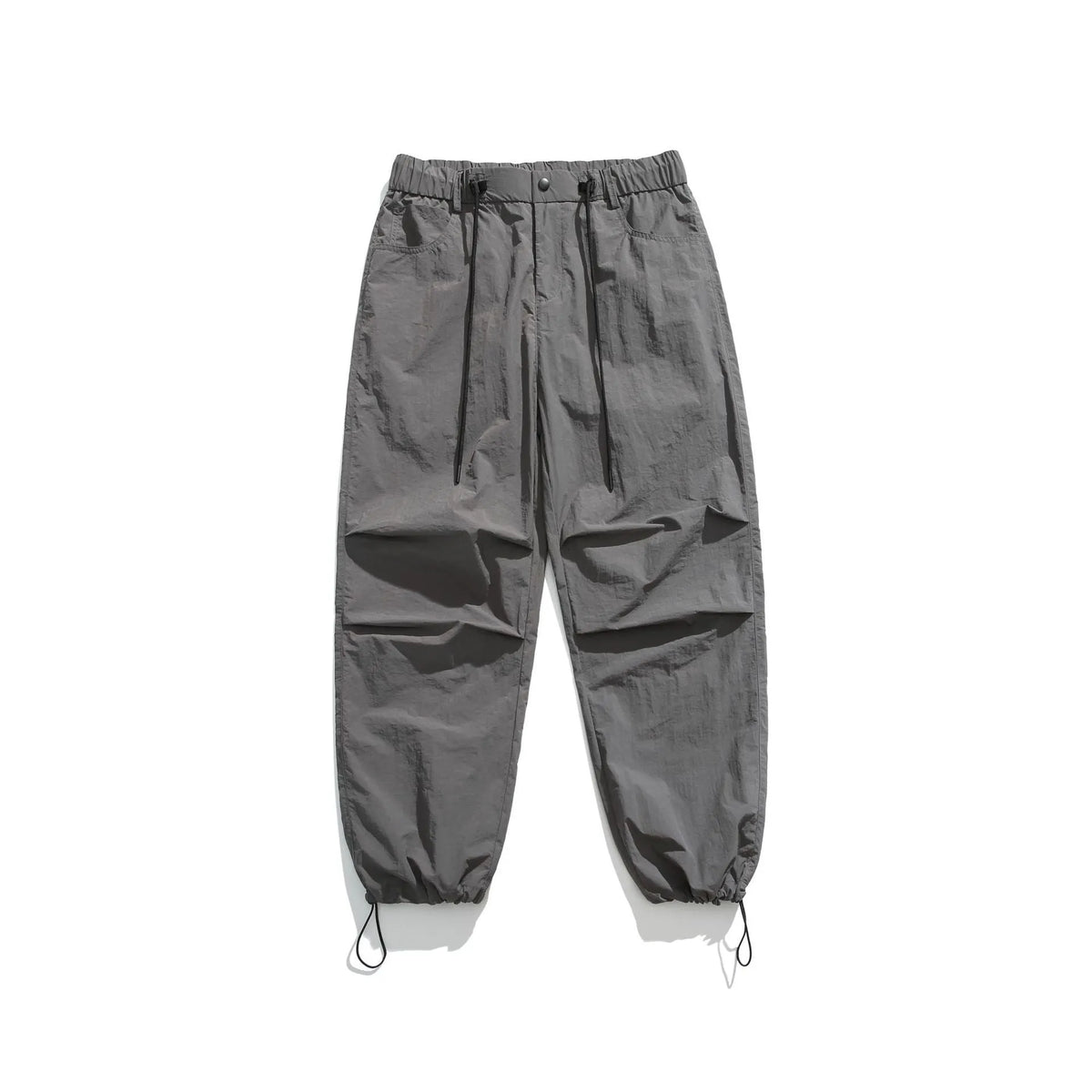 Men's casual straight-leg trousers in thin ice silk nylon fabric showing loose fit and colour options
