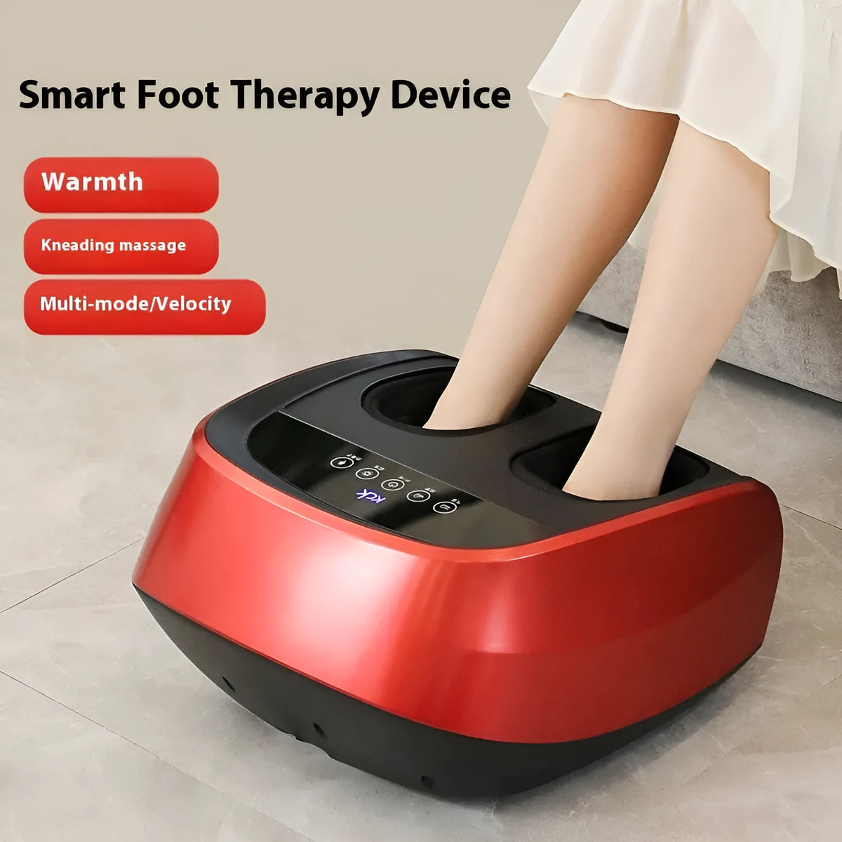 Flip automatic foot massager in black, red, or white colour with control panel.