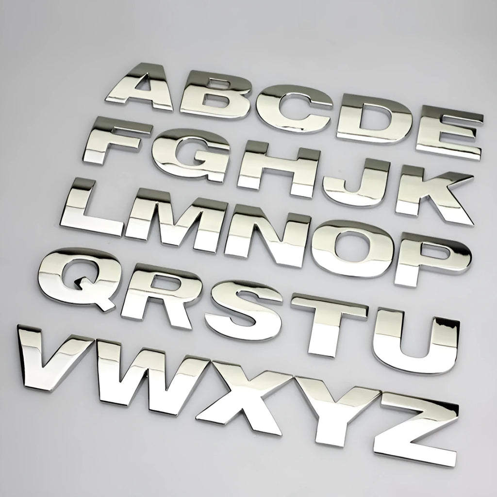 Silver and black metal zinc alloy 3D car bumper stickers showing letters A to Y, 2.5cm size