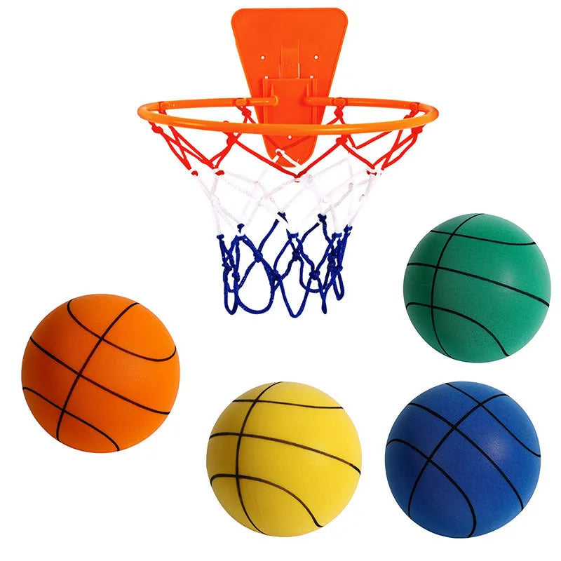 Silent PU foam training basketball in assorted colours showing smooth texture and basketball sizing