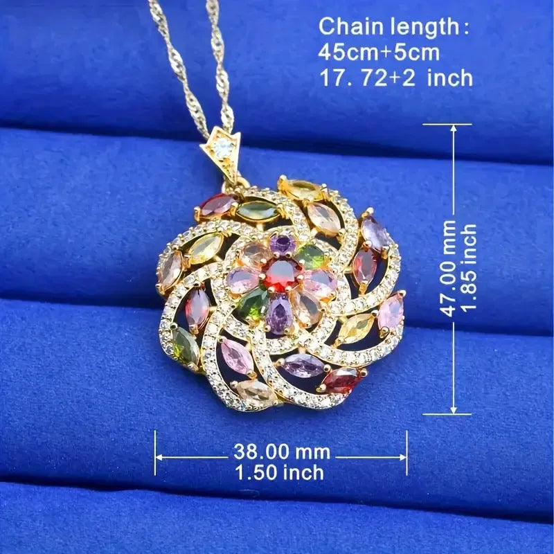 Spiral flower pendant necklace in real gold plated copper with micro inlaid zircon, Blue or Colour option