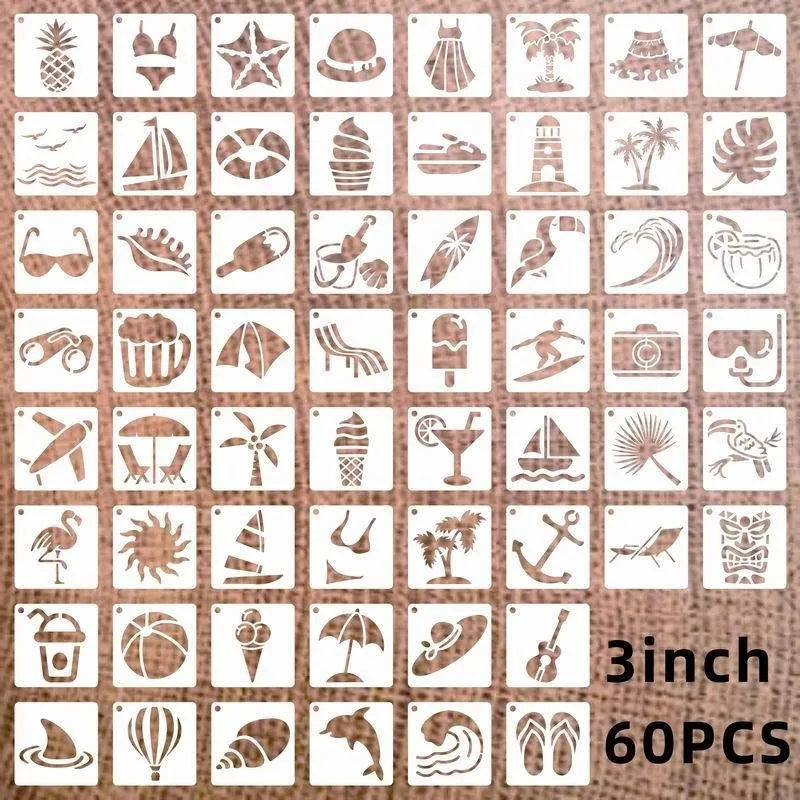 Milky white PET film spray painting stencils showing leaf, flower, bird, ocean, and letter designs, each measuring 2 inches.