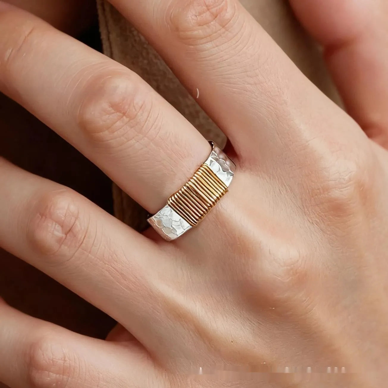 Copper bracelet ring with irregular coil design and electroplated silver-gold finish