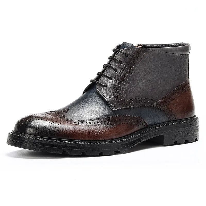 Men's curry blue leather brogue ankle boots with round toe and front lacing on a white background.