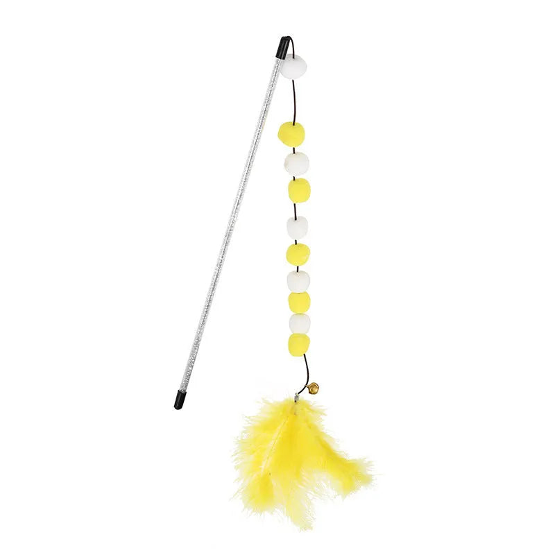 Colourful cat teaser stick with bell, feather, and acrylic pom-pom attachments on 31cm stick