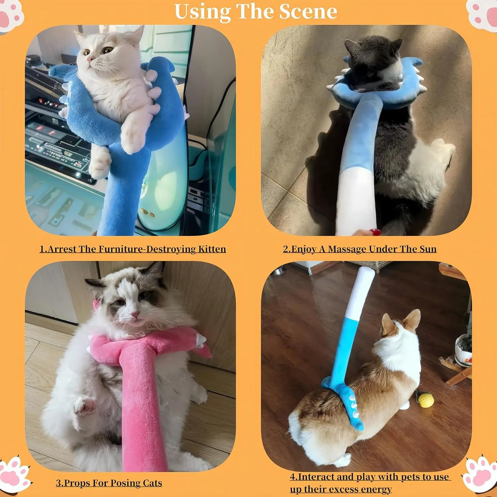 Blue and pink plush cat wand toy showing 70cm length with plush-wrapped construction