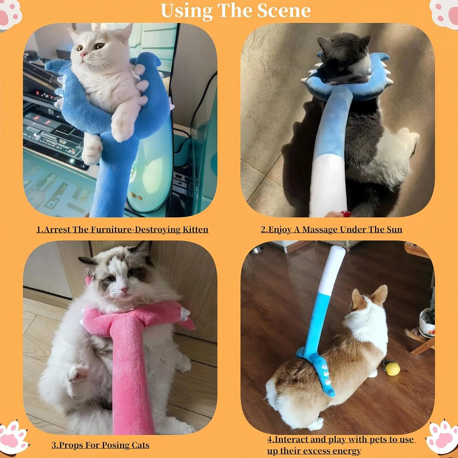 Blue and pink plush cat wand toy showing 70cm length with plush-wrapped construction