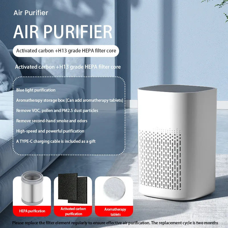 Simple style desktop air purifier with USB port for odour and PM2.5 removal.