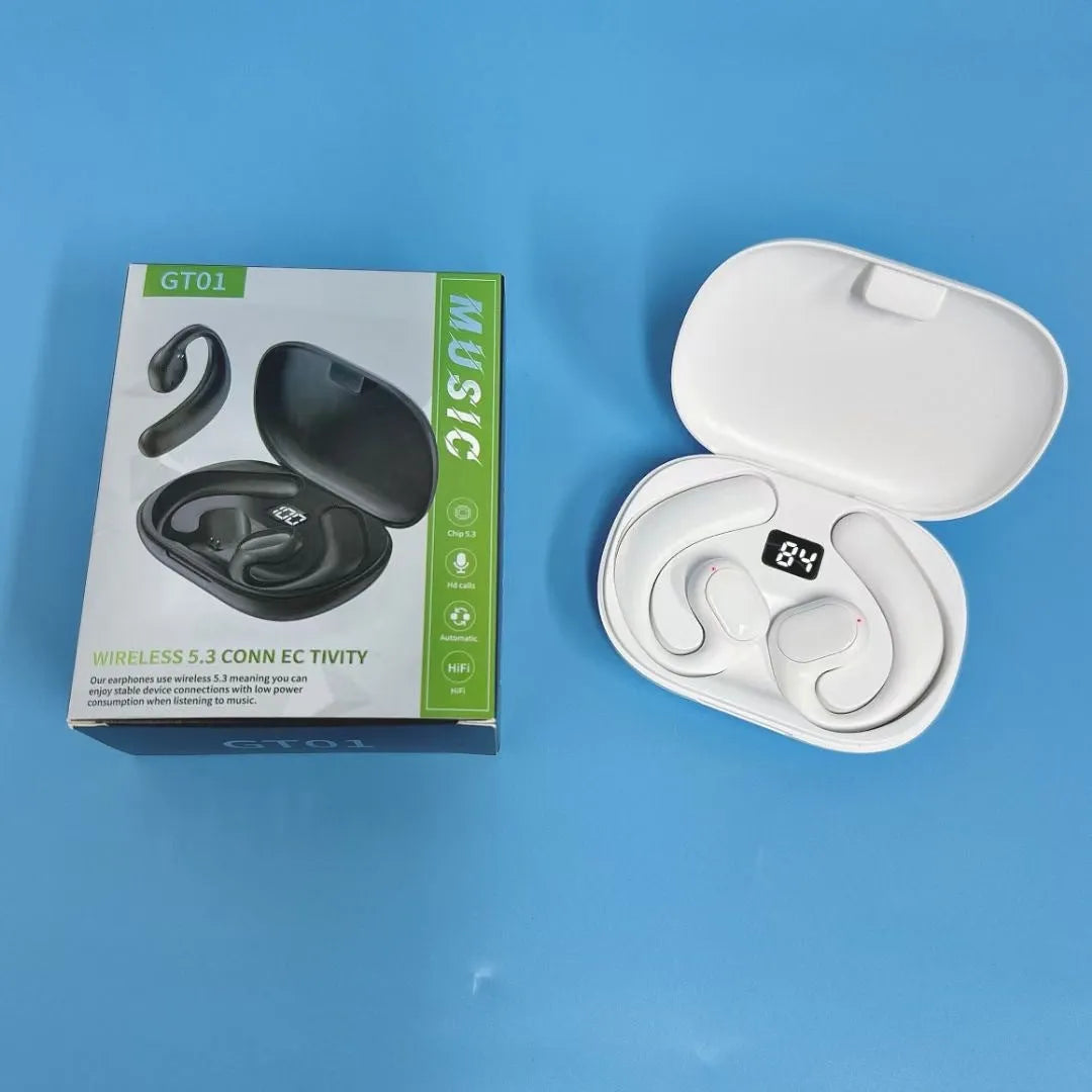 Black and white ear-mounted Bluetooth headset with digital display screen, shown with charging cable.