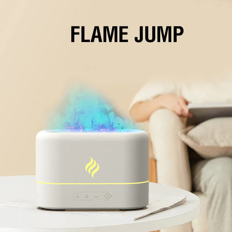 Black USB aromatherapy humidifier with simulated seven-colour flame effect and water tank.