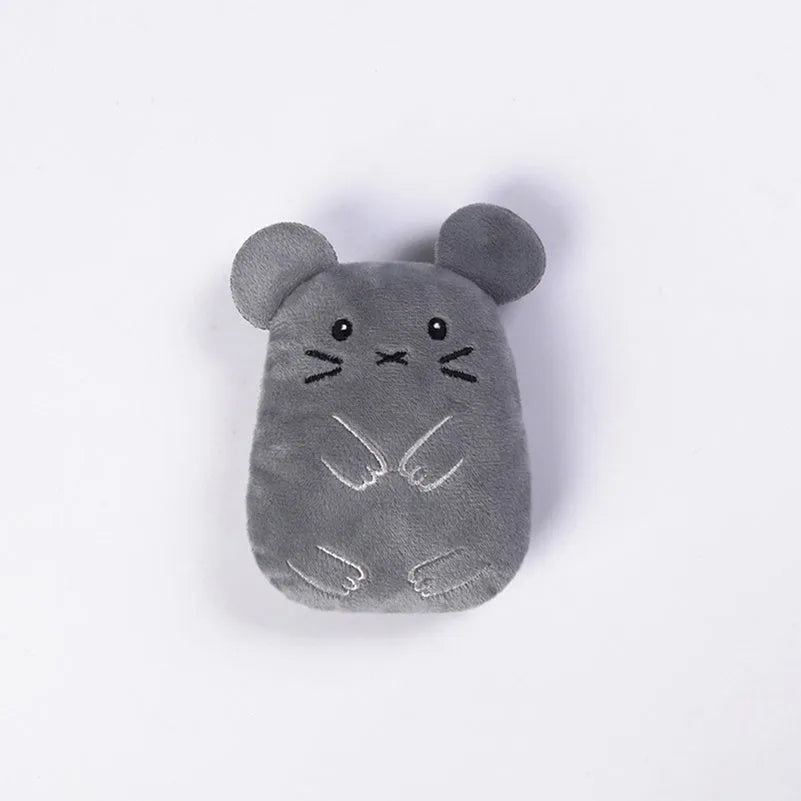 Small plush cat toy with catnip for teeth grinding and chewing play, measuring 11cm long in various animal designs and colours