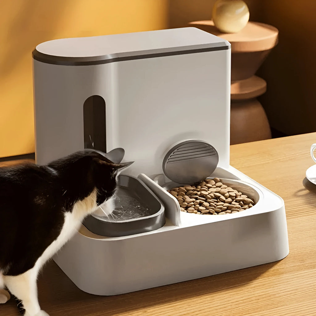 Grey automatic cat feeder and water dispenser station with integrated double bowls