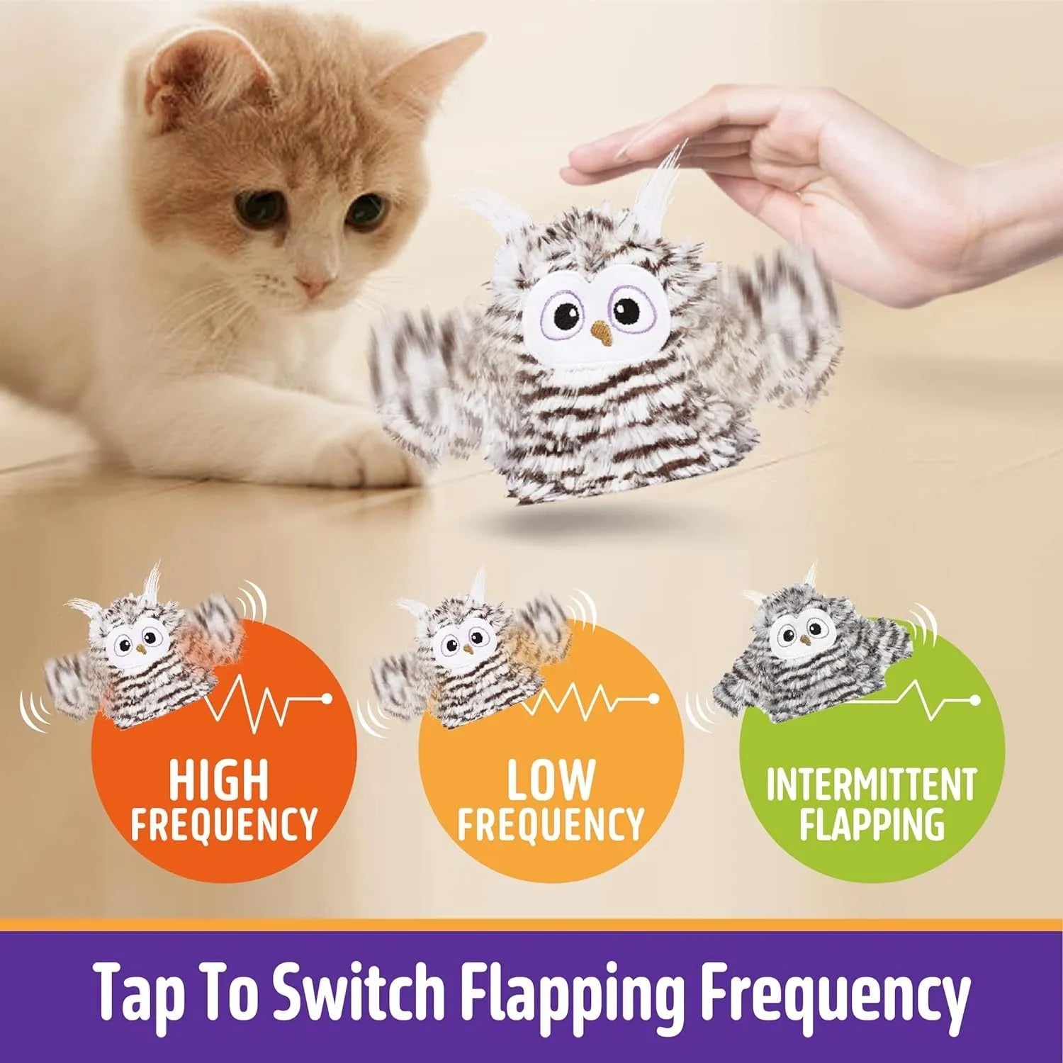 Grey automatic chirping owl cat toy with flapping wings on green background