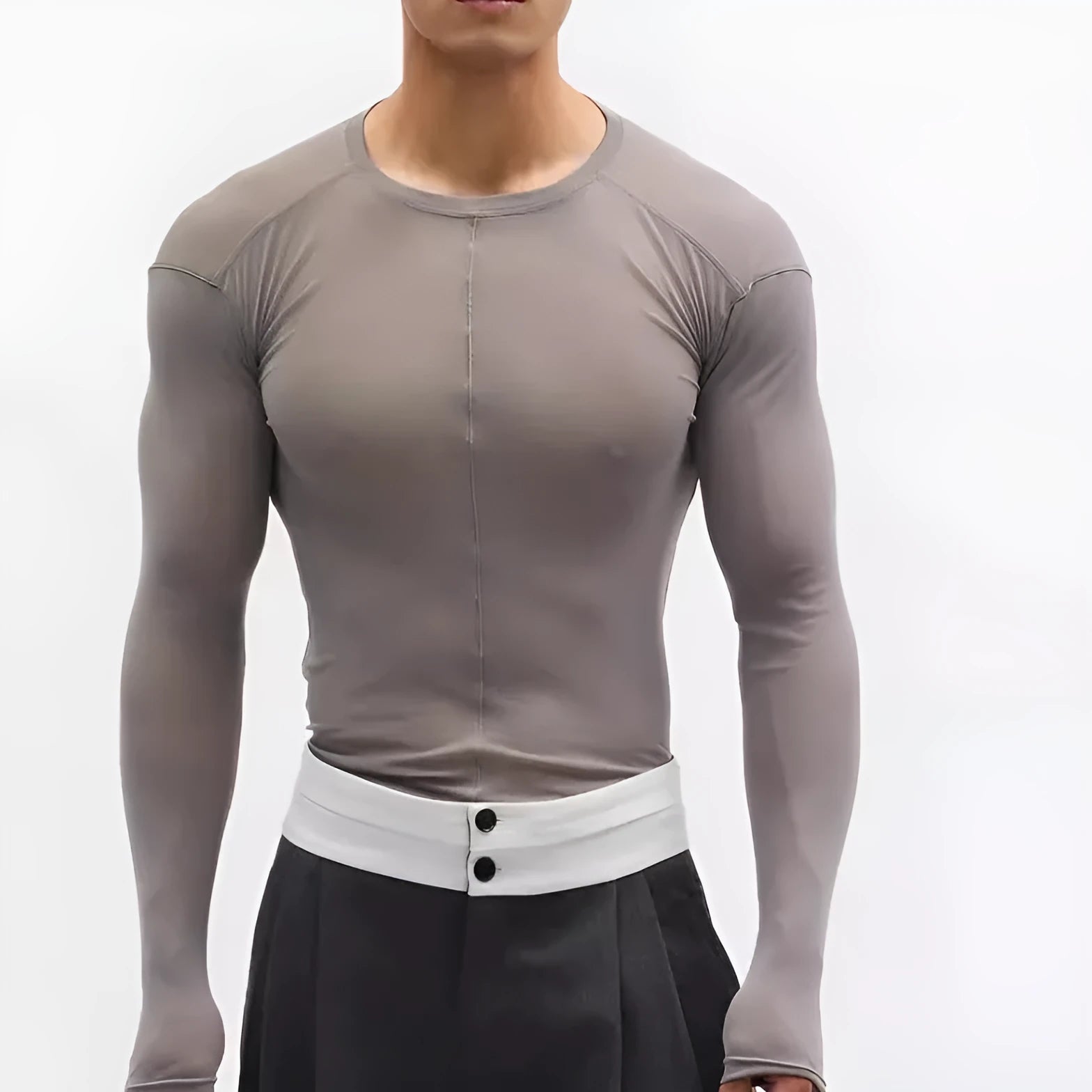 Black mesh see-through slim-fit long sleeve pullover top with round collar on a mannequin.