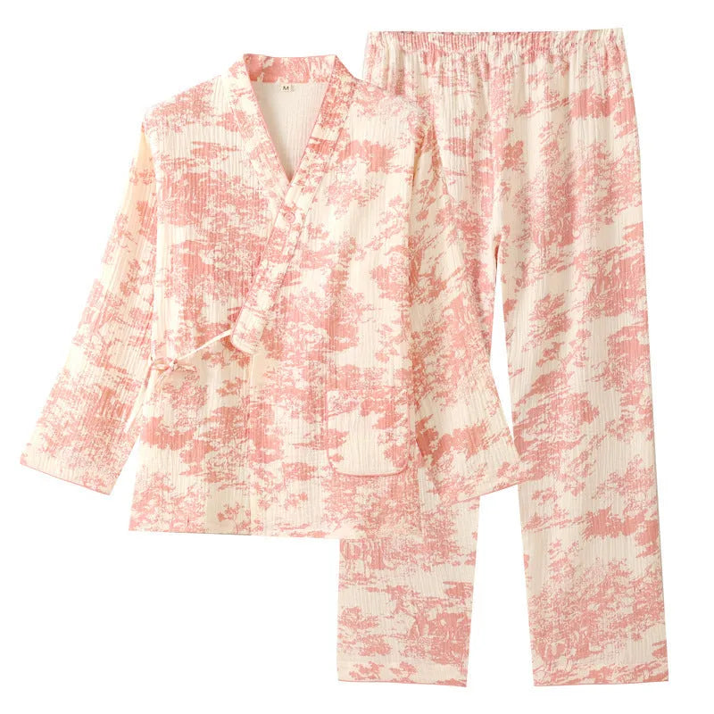 Ladies pure cotton gauze lace-up long sleeve trousers suit in pink blue and green frosted pine trees colours