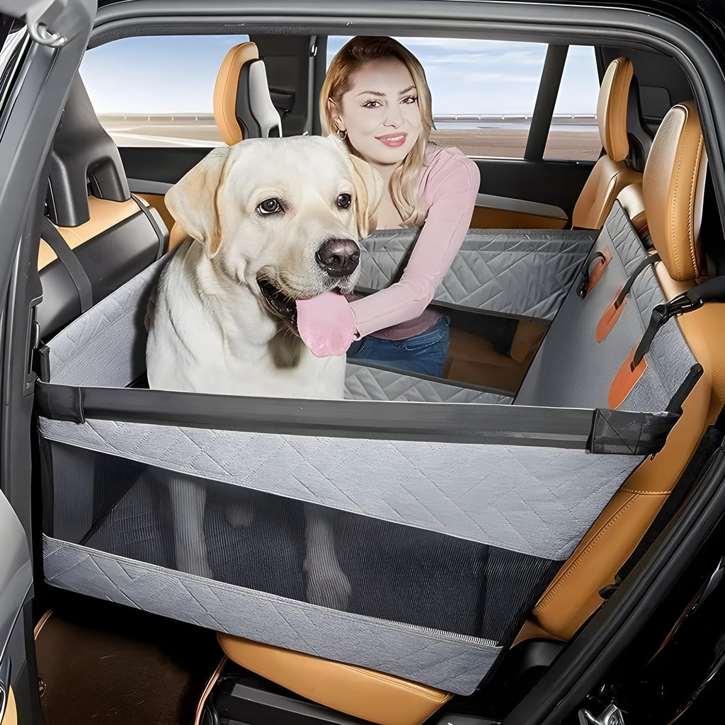 Grey water resistant cloth dog bed measuring 56cm square with 40cm sides and removable cover