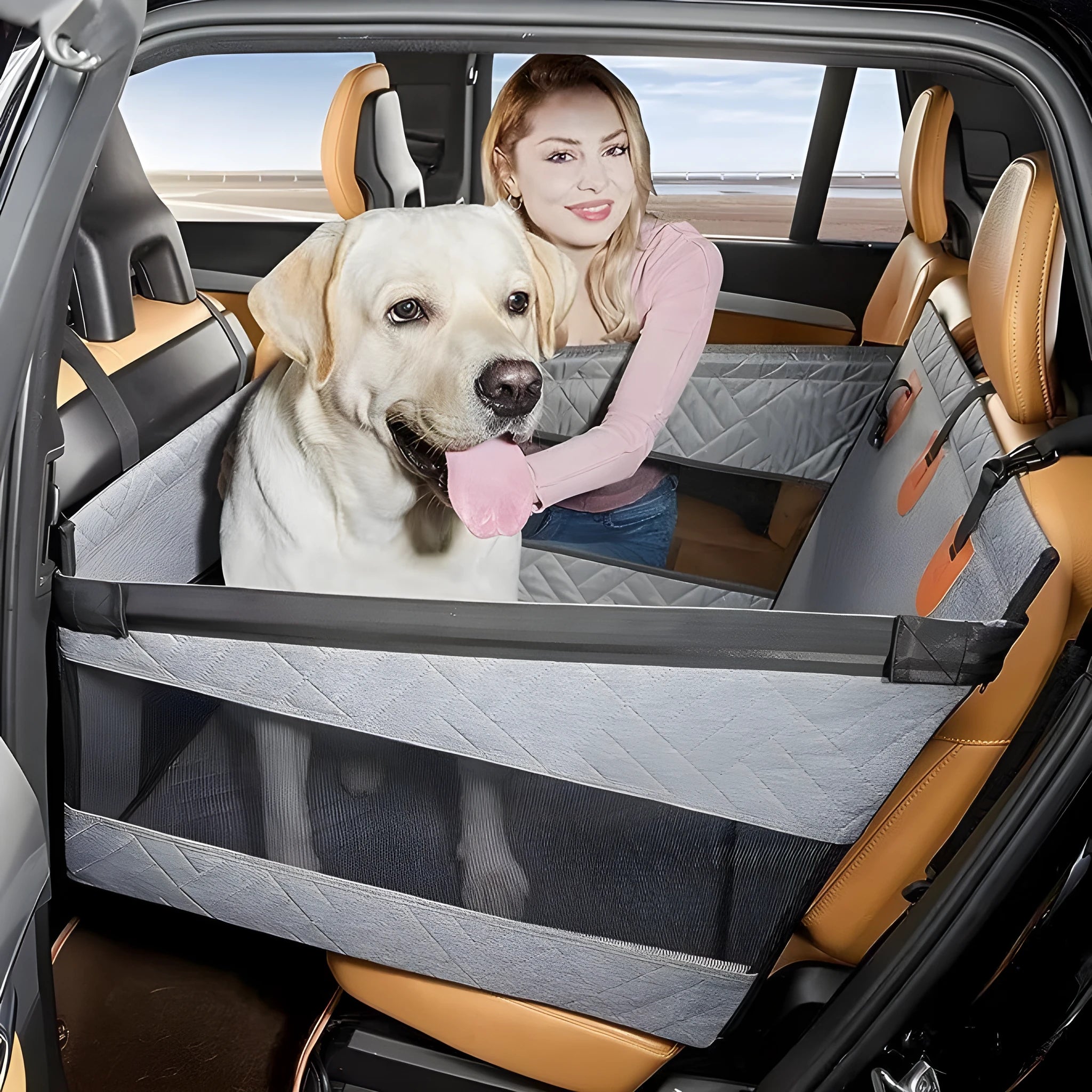 Grey water resistant cloth dog bed measuring 56cm square with 40cm sides and removable cover