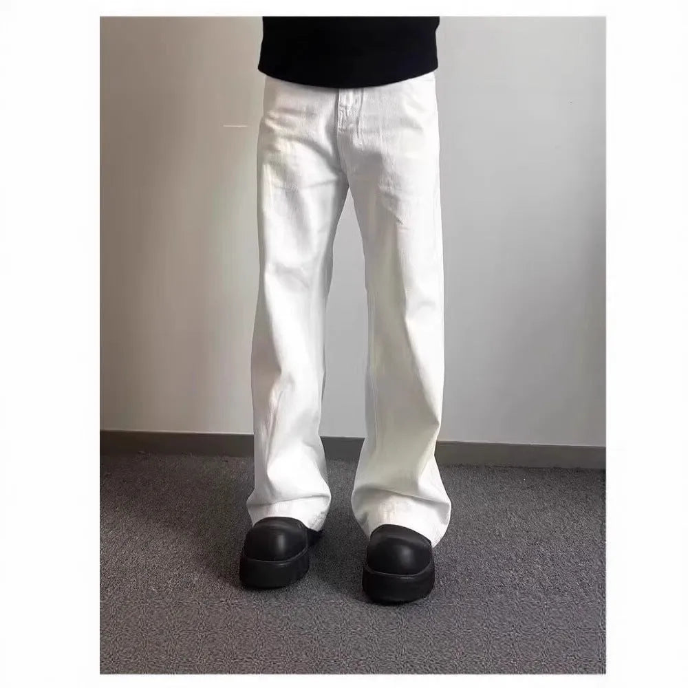 Men's white straight leg jeans with wide leg opening and front zip fly