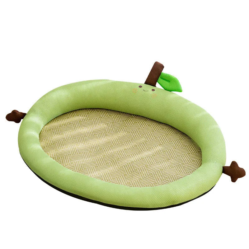 Green fruit backrest pet nest mat for dogs and cats with raised edge border in large size.