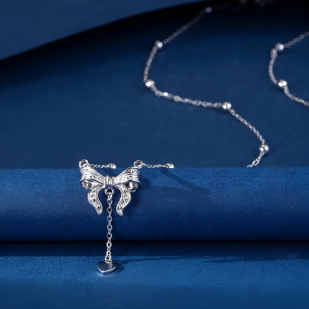 S925 silver women's necklace with butterfly heart pendant on adjustable 40-45cm O-ring chain