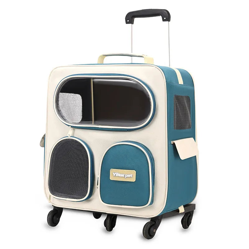 Foldable nylon pet trolley bag with pull rod, medium hard body, 18 capacity, solid colour