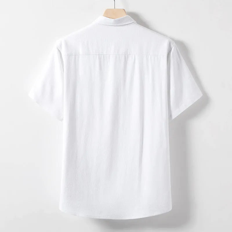 Men's loose lapel linen T-shirt in a hemp blend fabric, shown in a solid colour.