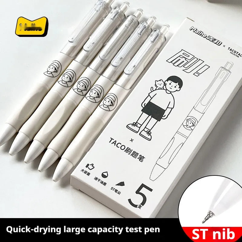 Five Taco brand ballpoint pens with 0.5mm black ink refills arranged together