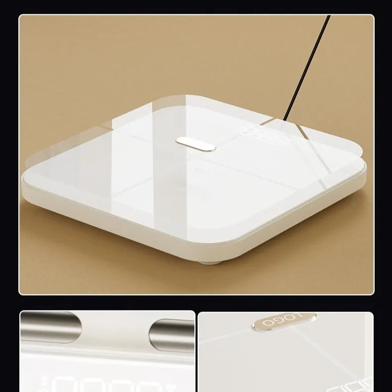 White professional body fat scale with 8 electrodes and tempered glass platform measuring 30x30cm