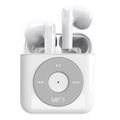 White wireless Bluetooth earphones with a semi-in-ear design and a charging case on a white background.