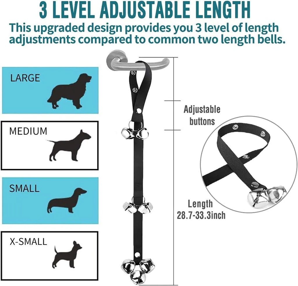 Silver metal dog training bells on an adjustable nylon leash for potty training
