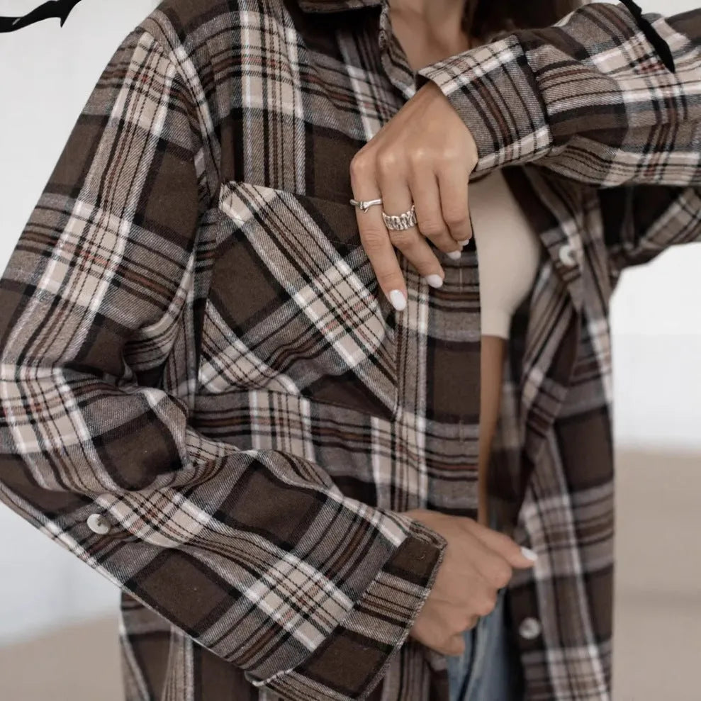 Women's dark brown retro striped long sleeve cotton shirt with regular fit and art style details