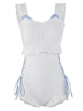 Women's Milky White backless one-piece Nylon swimsuit for swimming and fitness.