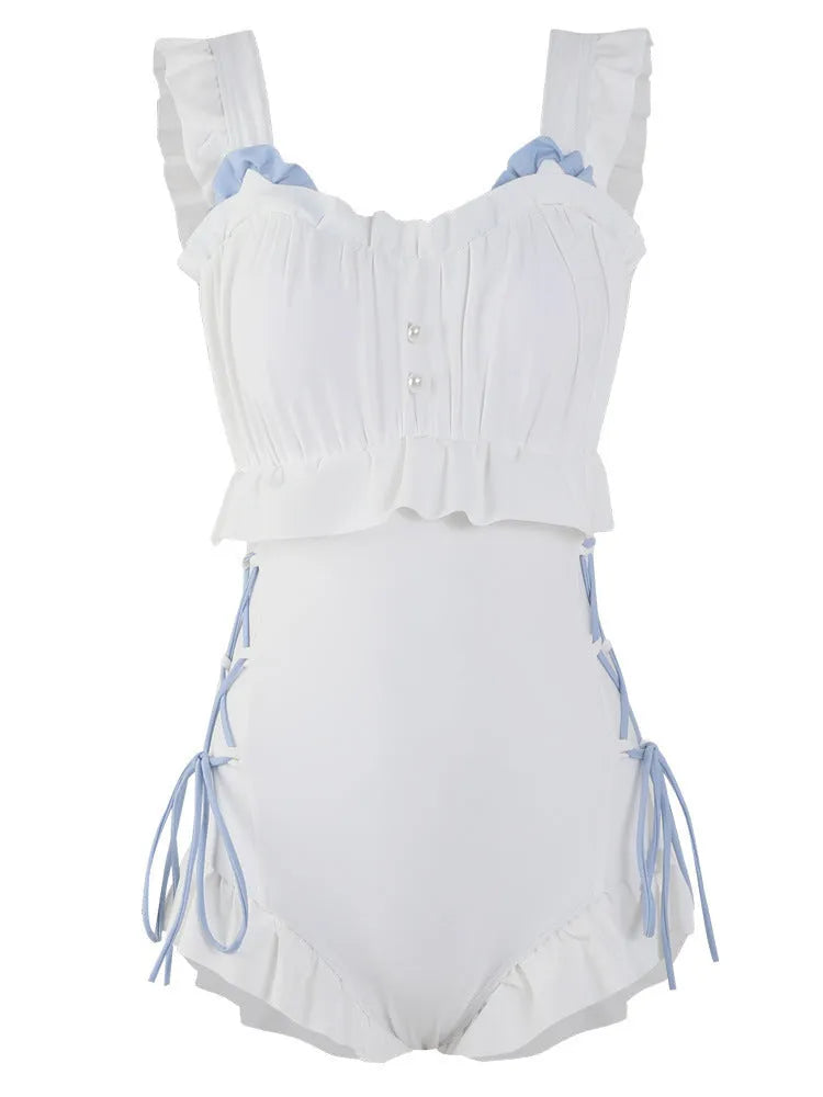 Women's Milky White backless one-piece Nylon swimsuit for swimming and fitness.