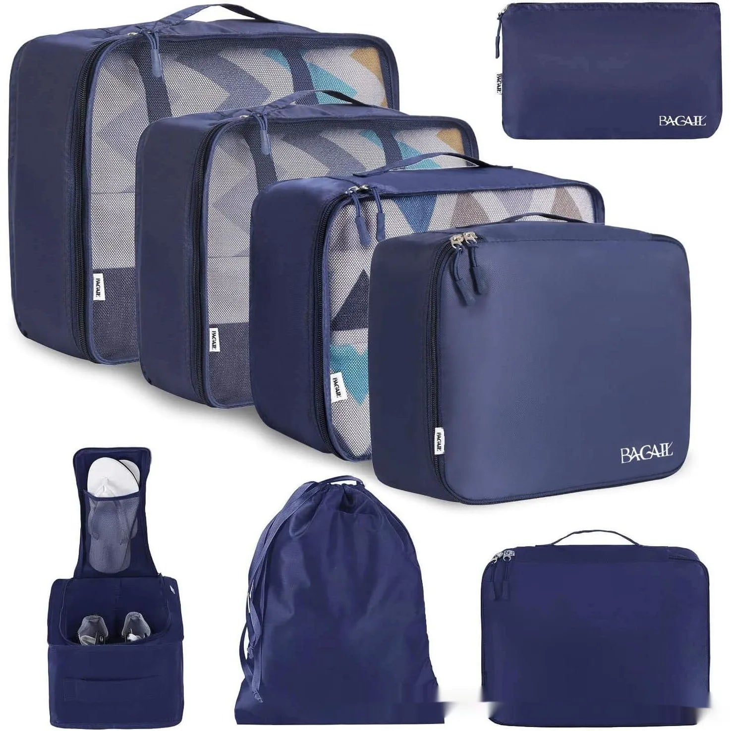 Cubic eight-piece travel packing set showing compression bags in various colours including beige, black, and pink leopard print