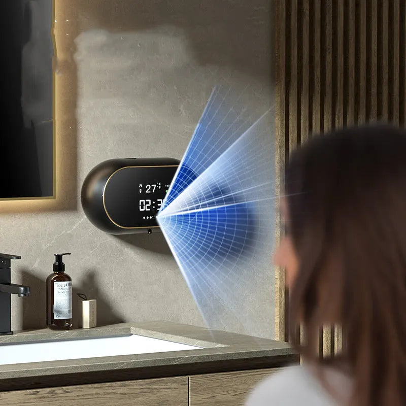 White automatic wall-mounted foam soap dispenser with USB cable