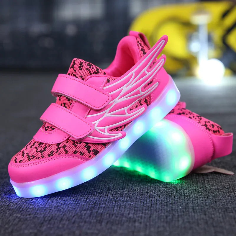 Children's plum red and white LED light up sneakers with USB charging port and hidden mode switch.