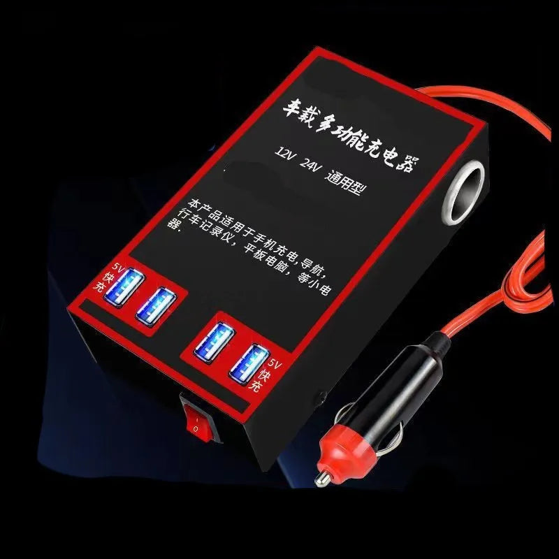 Black 12V/24V to 220V car power converter with AC socket and four USB charging ports